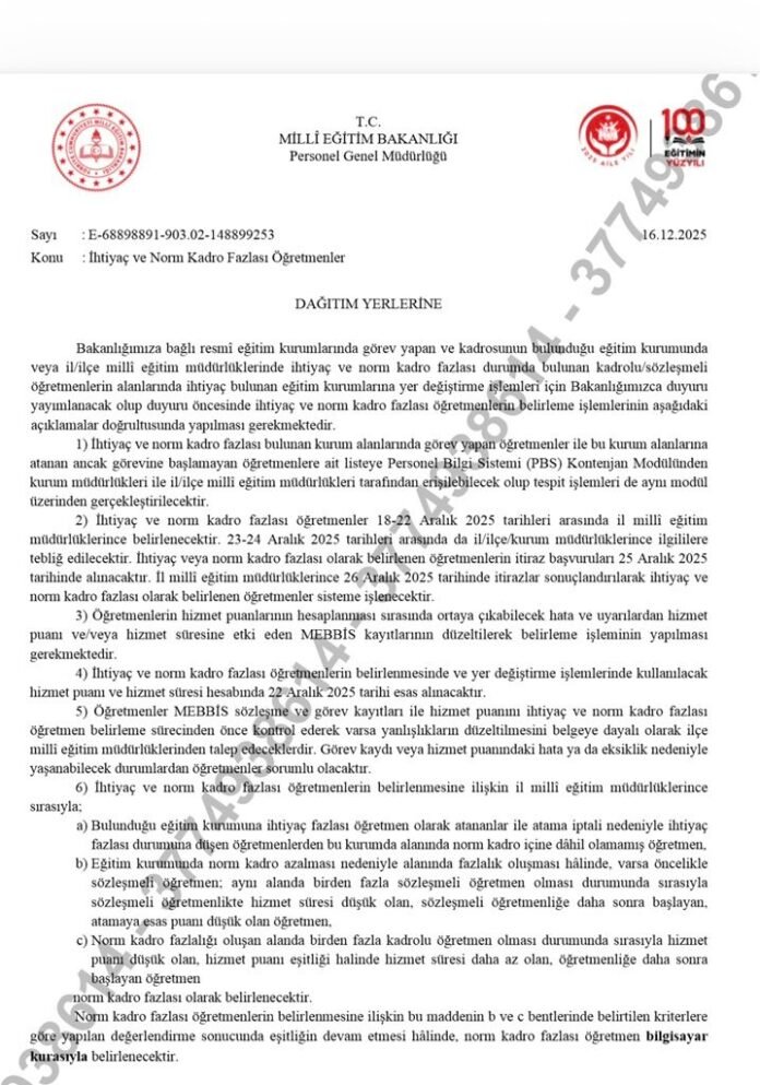 📌 MEB – İhtiyaç ve Norm Kadro Fazlası Öğretmenler Genelgesi Yayınlandı (16.12.2025)